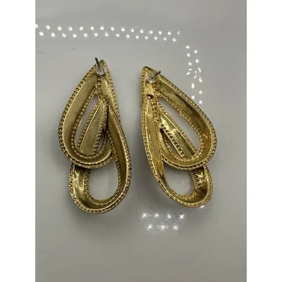 Women's Double Tear Drop Stud Earrings Blue Cream Gold Tone Fashion Jewelry - Picture 2 of 3